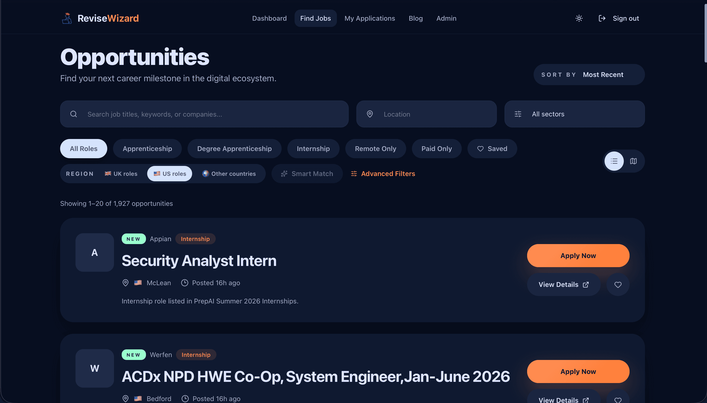 US internships listing
