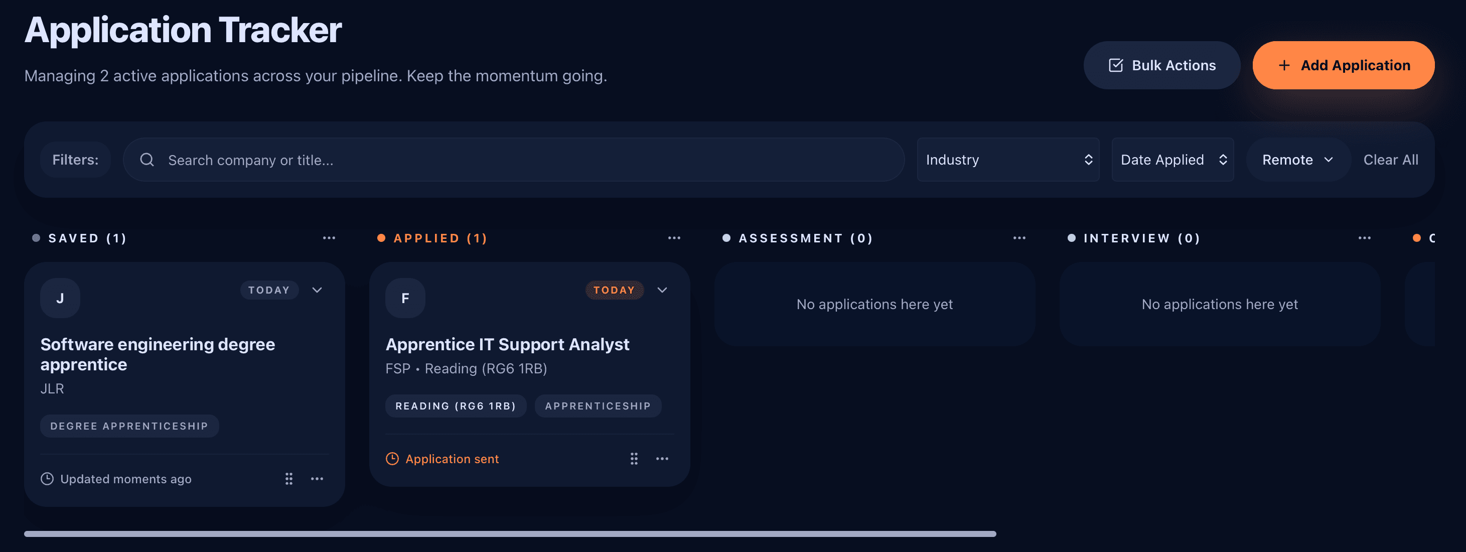 Application tracker kanban board